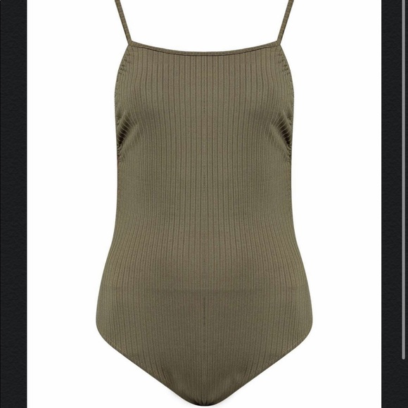Olive Green Ribbed Open Back Bodysuit - Picture 4 of 7